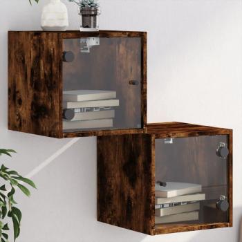 Cabinas de noche con vidrio ante 2 piezas Smoke Oak 35x37x35 cm