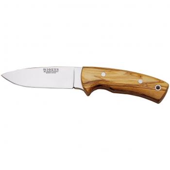 Cuchillo Bushcraft Joker Corzo CO25 con cachas de madera de olivo, hoja de 10 cm MOVA y funda de cuero color marrón - Ideal para pesca, caza, camping y senderismo