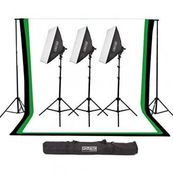 Fovitec - Kit de estudio de telón de fondo de muselina de 6 pies x 9 pulgadas con soportes para telón de fondo, cajas de luz y funda de transporte para fotos y vídeos.