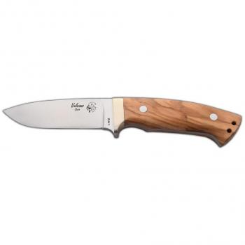 Cuchillo de Caza VULCANO J&V con mango de Madera natural de olivo, hoja de 11.5 cms y funda marrón de piel - Herramienta de Camping para Pesca, Caza y Actividades Deportivas