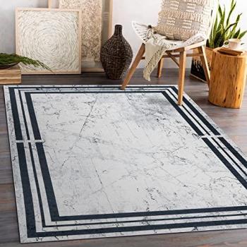 Alfombra Lavable Andre 1023 con Marco Mármol Antideslizante - Negro/Blanco 80x150 cm