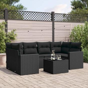 Juego de sofás de jardín 7 piezas Polyrattan negro con almohadas y cojines ratán sintético