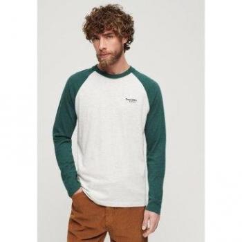 Superdry Essential Long Sleeve Baseball T-Shirt for Men - White/Green, Size L, Casual Cotton