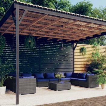 Set de muebles de jardín 11 piezas con cojines de ratán sintético gris