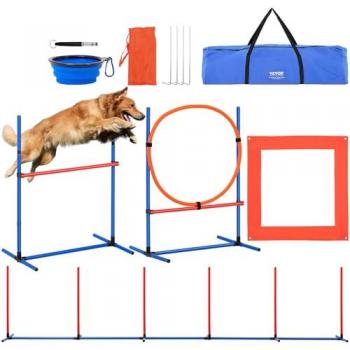Vevor Adjustable Dog Agility Training Set - 4 Piece Obstacle Course with High Hurdles, Weave Poles, Jump Ring, Square Pause Box, Whistle, and Foldable Bowl