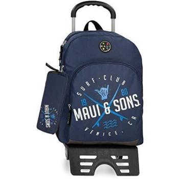 Maui & Sons Shaka Mochila con carro doble compartimento + estuche escolar, color Azul Marino