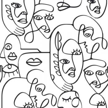 Papel pintado moderno Friends&Coffee Line Art Faces blanco y negro Noordwand 16619