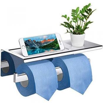 GEMITTO Portarrollos para Papel Higiénico Acero Inoxidable SUS304 Portarrollos de Papel de Doble Rollo Baño con el Teléfono Móvil Estante de Almacenamiento para Baño Cocina, 29.4x11x9.5cm