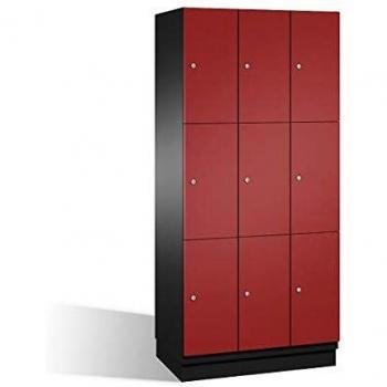 Armario de compartimentos bajo llave Cambio C+P, 3 secciones, color gris oscuro y rojo rubí, puertas de acero, ancho 900 mm, 9 compartimentos