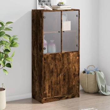 Aparador alto de madera multicapa con puertas en roble ahumado, dimensiones 68x37x142 cm, color marrón