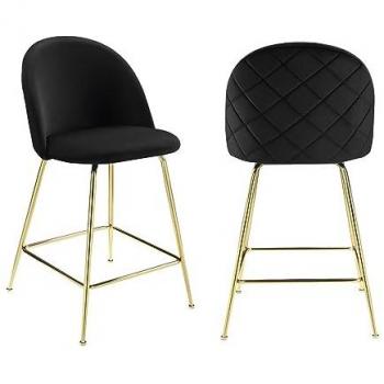 Juego de 2 taburetes de bar Melbourne en terciopelo negro y metal dorado