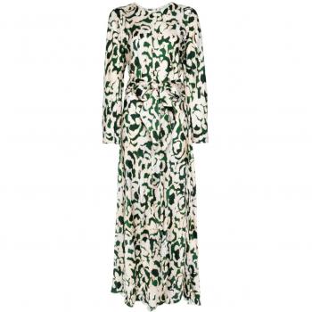 Forte Forte Women's Printed Long Dress in Green, Size L, Maxi Dress with Green Seersucker Abstract Pattern