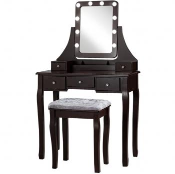 Costway Set Tocador con Espejo Rectangular y Taburete Mesa para Maquillarse con 10 Bombillas LED Marrón 80 x 40 x 135,5 cm, incluye tocador con taburete,