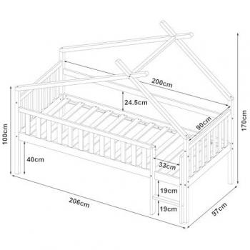 Cama Alta Cabaña Montessori para Niños Sotkamo de Pino 90x200 cm - Natural con Barandilla y Escalera, Máx. 100 kg