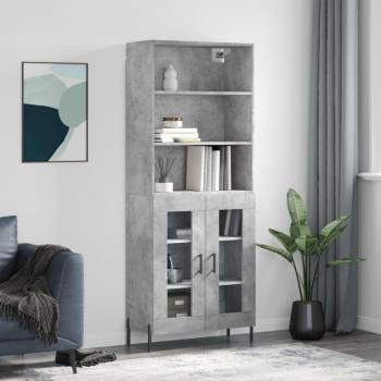 Aparador alto de madera contrachapada gris hormigón 69,5x34x180 cm con 2 puertas de cristal, mueble de almacenaje para salón, buffet y armario auxiliar