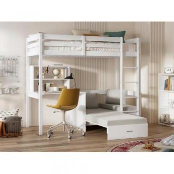 Cama en Altura Goliath II con Escritorio, Sofá Cama y Compartimentos - 90 x 200 cm - Pino Macizo - Blanca