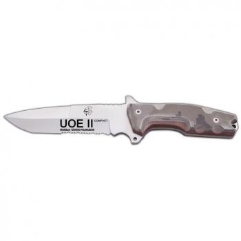 Cuchillo de Supervivencia UOE II COMPACT J&V con Mango Micarta Camo Desert Pixel, Hoja de 14.5 cm y Funda de Cordura Multiposición para Camping, Pesca y Caza