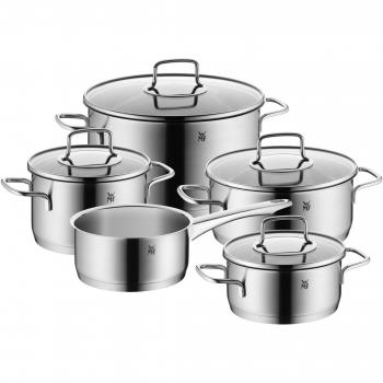 WMF – Set de ollas (5 piezas) Merano reborde Tapa de cristal Cromargan de acero inoxidable pulido Inducción Lavavajillas.