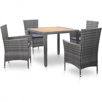 5-Piece Grey Poly Rattan Outdoor Dining Set with Cushions