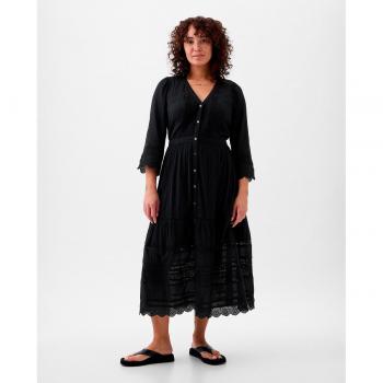 Vestido midi con botones delanteros y puntillas en bajo del vestido y en manga
