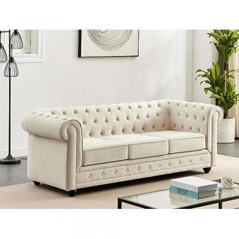 Sofá Chesterfield de 3 plazas de tela beige
