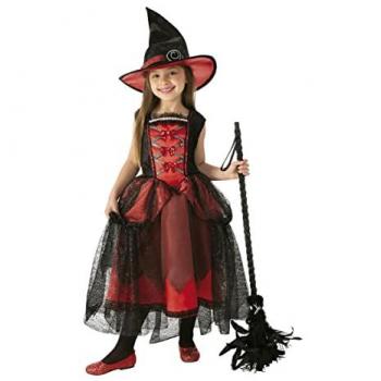 Disfraz de Bruja Chic Roja para niña - Vestido lujoso en color rojo con sombrero, original de Rubies para Halloween, carnaval y cumpleaños
