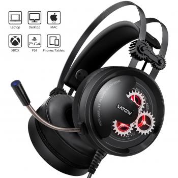 LATOW Auriculares Gaming con Micrófono, Cascos Juegos Estéreo de 50mm Drive para PS4/Xbox One/Switch/Pad/PC, Auriculares con Cancelación de Ruido, Sonido Envolvente Bajo, Protectores Auditivos Suaves