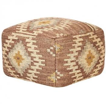Pouf Multicolor de Yute y Lana 50 x 50 x 30 cm con Patrón Geométrico Boho Moderno