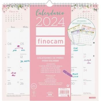 Calendario de Pared 2024 Design Escribir Finocam 30x30 cm con Espacio para Anotaciones, Doble Espiral y Colgador, Ilustraciones Mensuales, Vista del Mes Anterior y