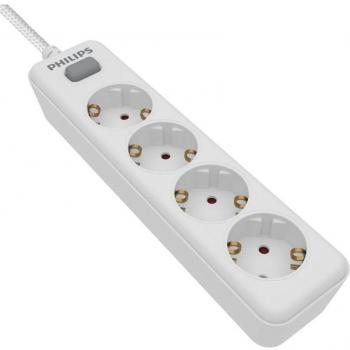 Philips SPN1142WA/10 Regleta de 4 Enchufes Schuko con Interruptor, Cable Alimentación Trenzado 2 Metros, Color Blanco