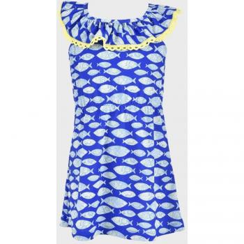 Vestido de bebé niña azul con peces y volante