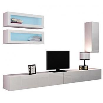 Conjunto de salón moderno Charlotte A137, Blanco y Brillo, con mesa de TV y vitrina, partes separadas, aglomerado laminado y vidrio