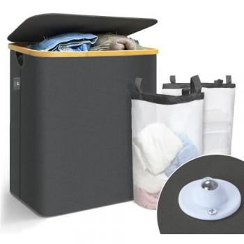 Cesto Ropa Sucia Plegable 145L con Ruedas y Bolsas Interiores, Gris - Vounot