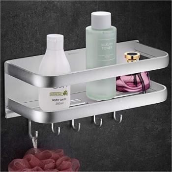 Wangel Estantería Profundo con 5 ganchos para Baño Ducha, Pegamento Patentado + Autoadhesivo, Aluminio, Acabado Mate, Estantes, Plateado