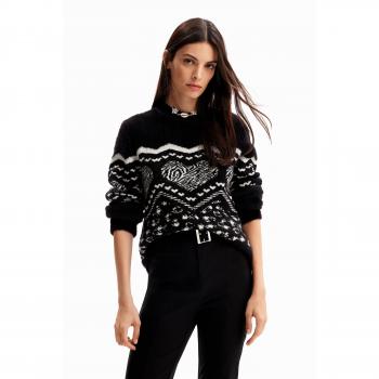 Desigual Chic Turtleneck Sweater with Contrast Detail - L, Round-neck Knitwear, female, Black, Size: L Long-Sleeved Turtleneck Sweater with Contrast Details and Logo