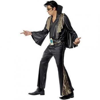 Disfraz de Elvis Negro y Dorado para Hombre con Camisa, Pantalones, Capa y Cinturón (Tamaño L)