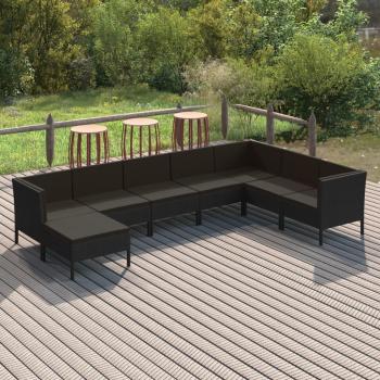 8-Piece Black Poly Rattan Garden Lounge Set with Cushions