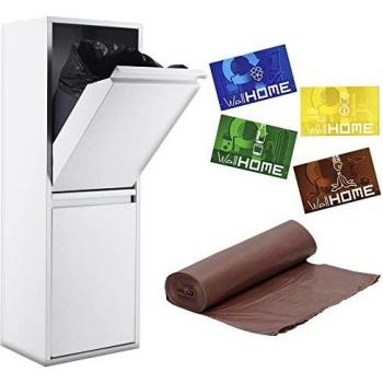 Sistema de organización de Basura y Reciclaje de Acero de 2 Cubos Multiusos, Blanco, CON Set de 4 etiquetas magnéticas en PVC full-color, Y Paquete 20 bolsas de basura 20L, con autocierre