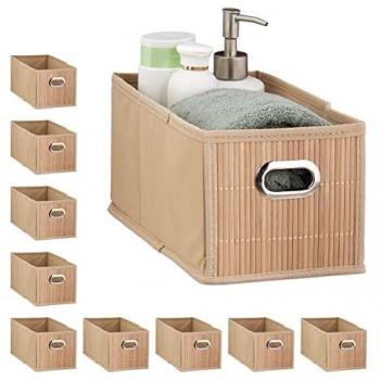 Set de 10 Cestos de Almacenaje Plegables de Bambú, Cesta Rectangular para Baño y Estantería, Dimensiones 14x15x31cm, Color Natural