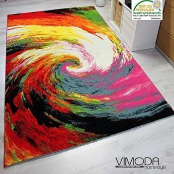 VIMODA fantasy7792 Alfombra Diseño Moderno Pelo Corto Multicolor Círculo vertebral, Cuidado fácil, Rojo/Verde/Amarillo, multicolor, 200 x 290 cm