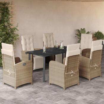 7-Piece Beige Poly Rattan Garden Dining Set with Cushions