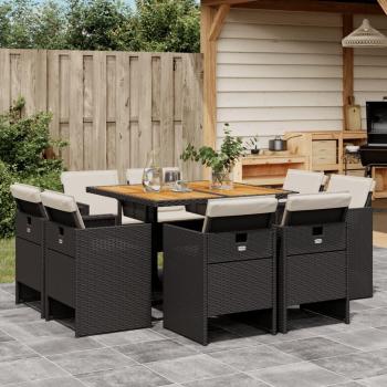 9-Piece Black Poly Rattan Garden Dining Set with Cushions