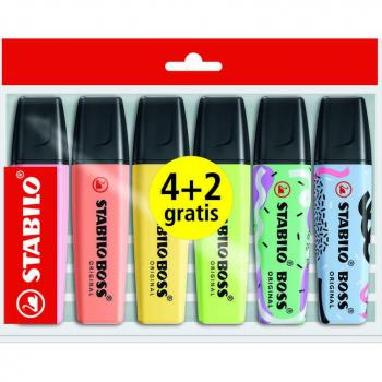 Stabilo Boss Pack de 4 Marcadores Fluorescentes Pastel + 2 Marcadores by Ju Schnee - Trazo entre 2 y 5mm - Tinta con Base de Agua - Colores Surtidos