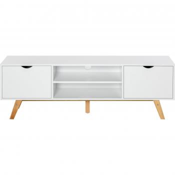 HOMCOM Soporte de TV con Armarios y Estantes, Manija Oculta, Patas de Madera, Gestión de Cables, 150x39x50 cm, Blanco