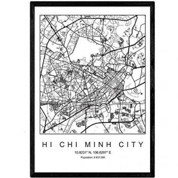 Lámina Mapa Ciudad Ho Chi Minh Estilo Nórdico Blanco y Negro A4 Sin Marco 250g
