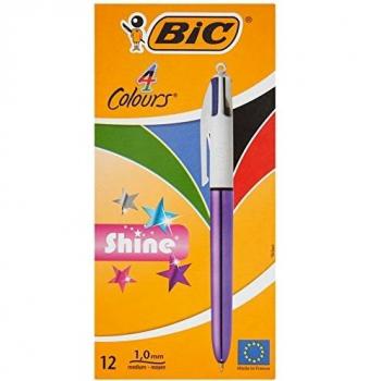 BIC Bolígrafos de 4 colores brillantes, cuerpo morado metálico, caja de 12