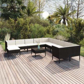 12-Piece Black Poly Rattan Garden Lounge Set with Cushions
