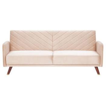 Sofá cama 3 plazas de terciopelo beige Senja con patas de madera y brazos rectos