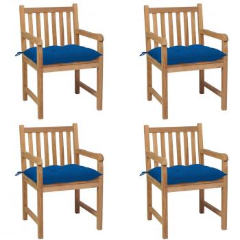 Sillas de jardín 4 uds madera maciza de teca con cojines azules
