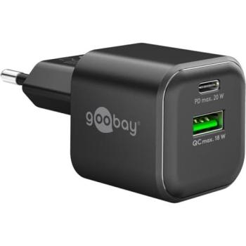 Cargador Rápido Dual USB-C PD GaN 20W / USB-A QC 18W - Negro